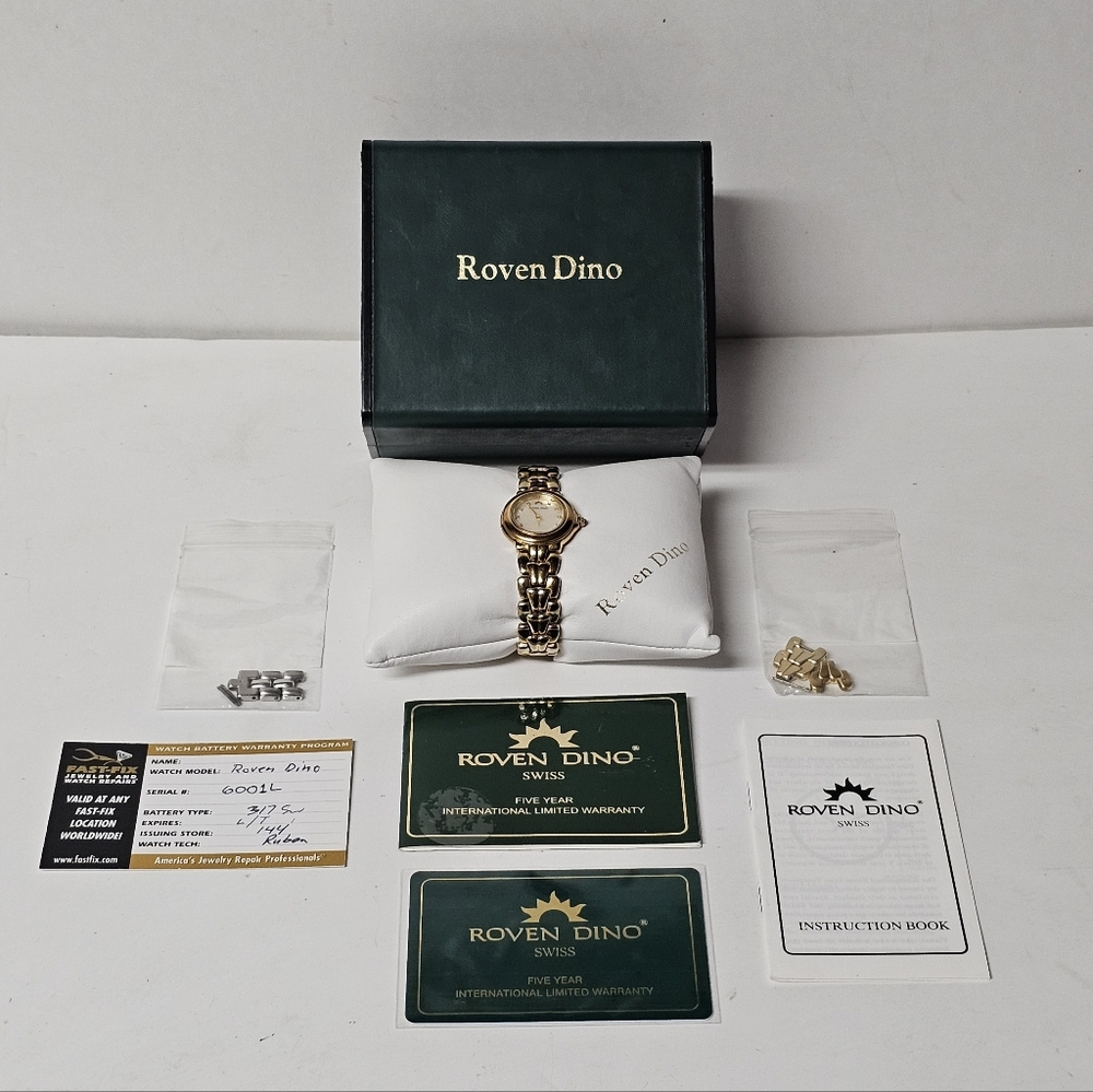 Roven Dino Watch Date Indicator Gold-Plated Crystal 8" w/ Manual, Papers, Box
